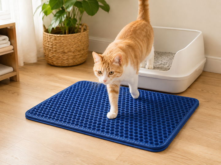 Blue double-layer cat litter mat in front of a litter box