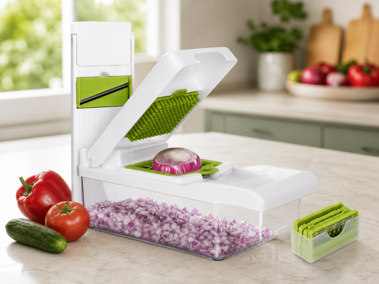 White and green vegetable chopper with diced onion in a clear catch container