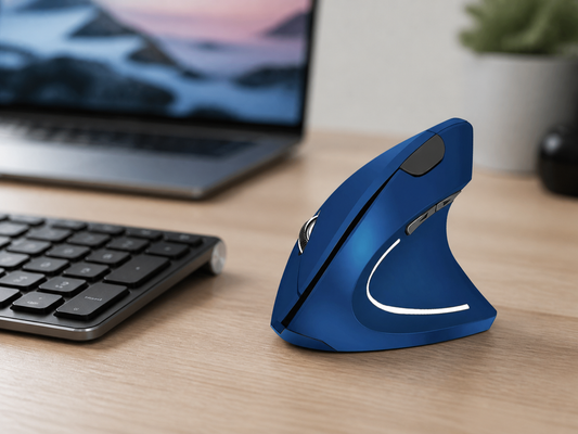 Blue ergonomic vertical wireless mouse on a modern home-office desk