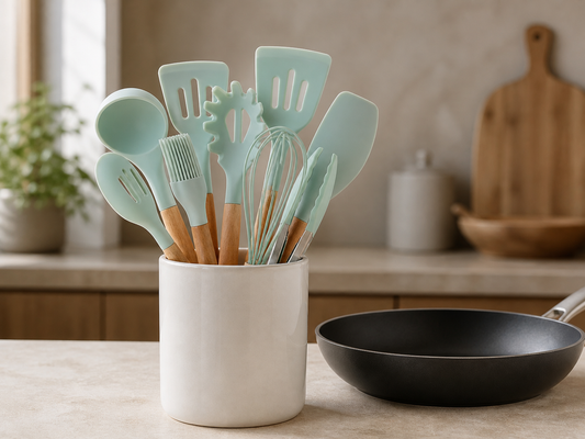 Light green silicone cooking utensils with wooden handles beside a nonstick pan