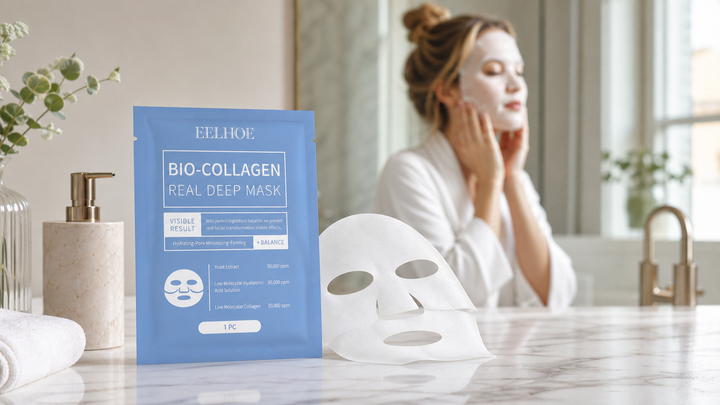 Hydrating face mask pouch and white sheet mask on bathroom vanity