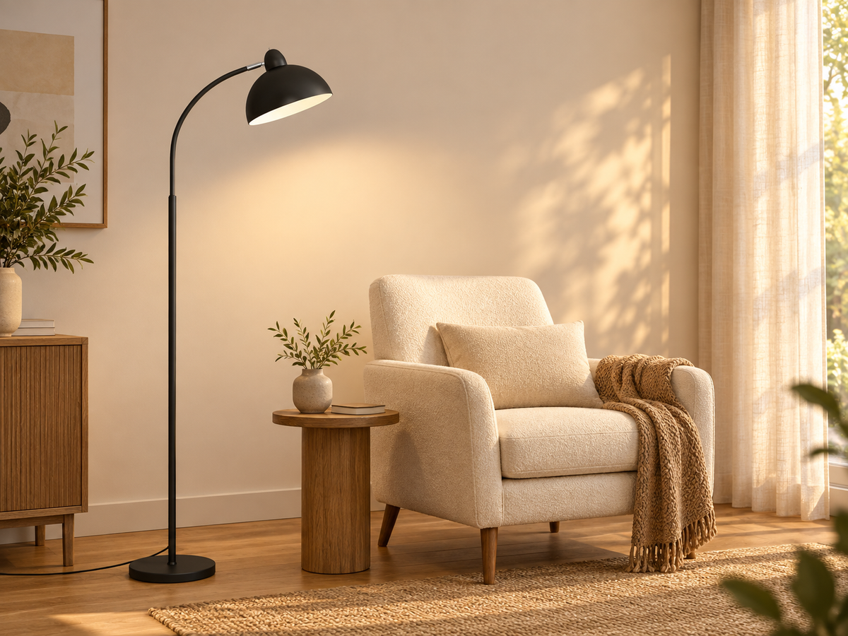 Black LED floor lamp beside a cream reading chair in a warm modern living room