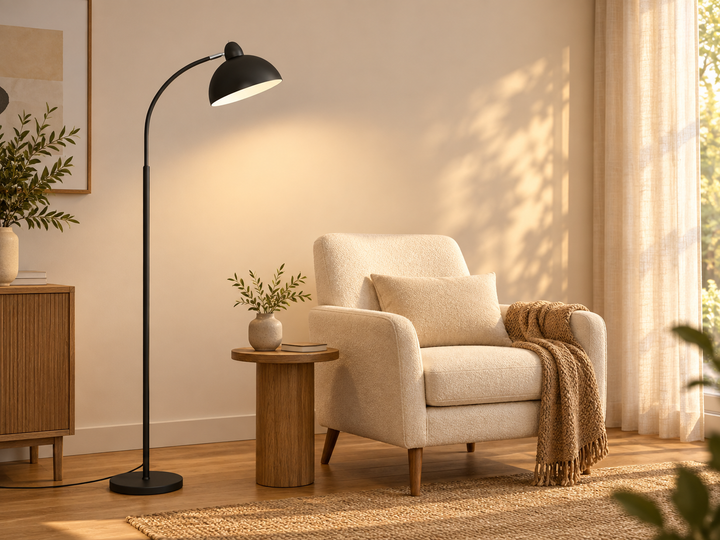 Black LED floor lamp beside a cream reading chair in a warm modern living room