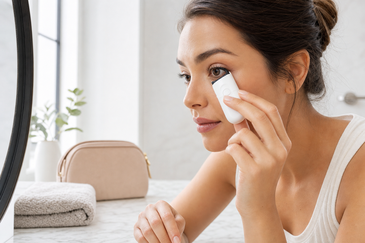 Woman safely using a heated eyelash curler at a bathroom vanity