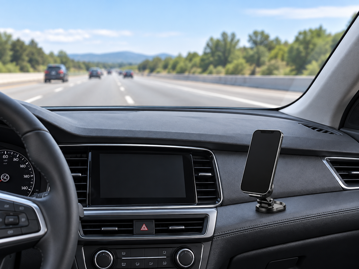 Black magnetic phone holder mounted low on a passenger-side dashboard with an unobstructed road view