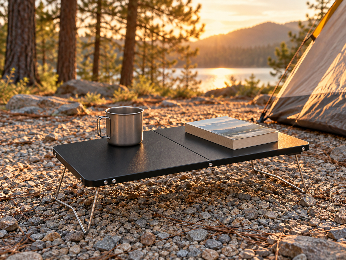 Low black two-panel folding camping table with wire legs at a lakeside campsite