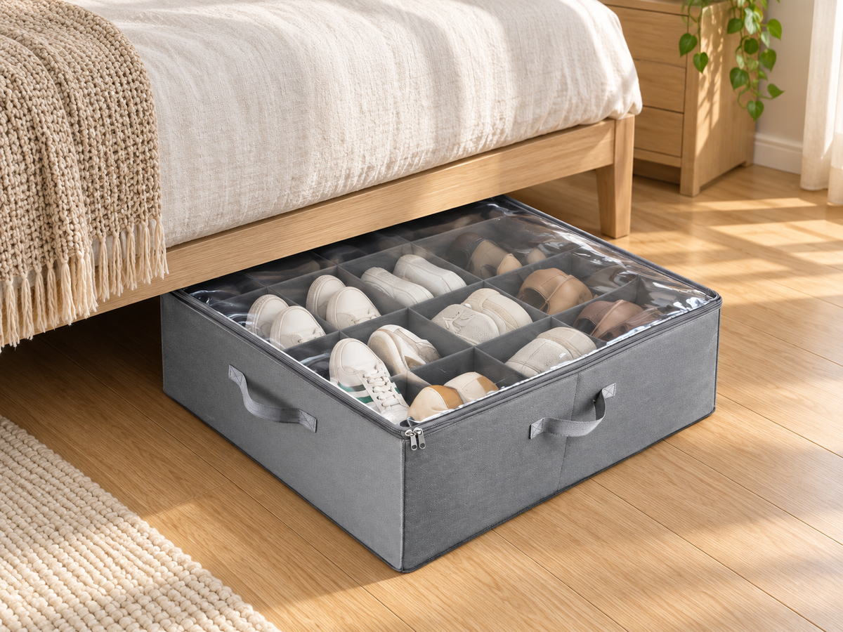 Gray under-bed shoe organizer with clear zip top and divided compartments beside a low wood bed