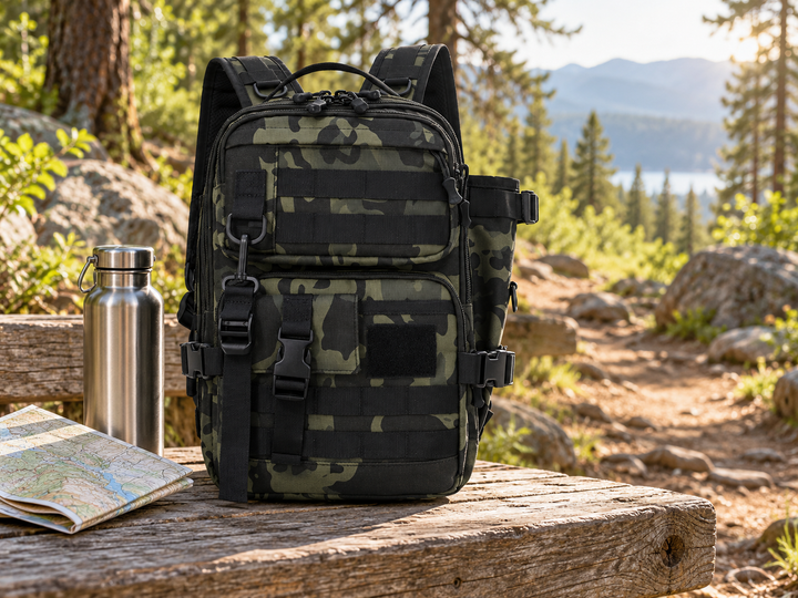 Dark green camouflage hiking backpack on a trailhead bench
