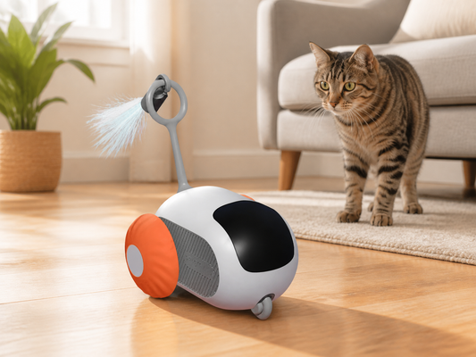 Orange and white interactive cat toy on a living room floor as a tabby cat watches