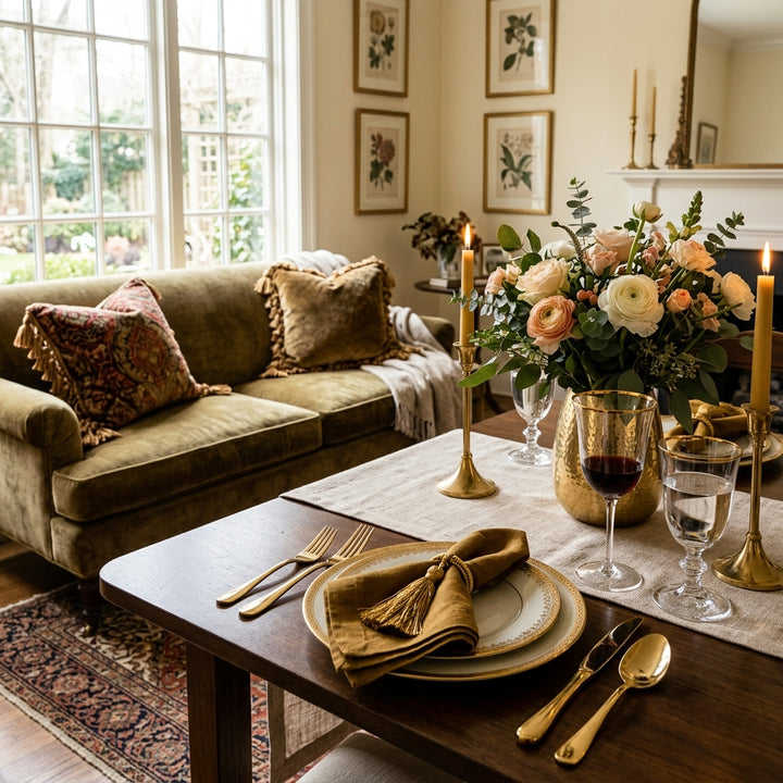 Elegant dining table with gold flatware and tasseled throw pillows