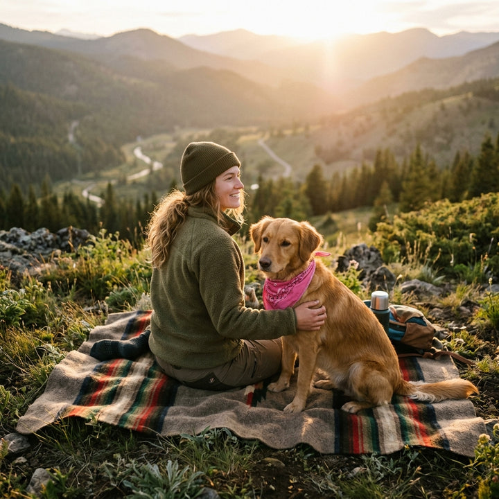 Person and dog sitting on a wool camp blanket outdoors