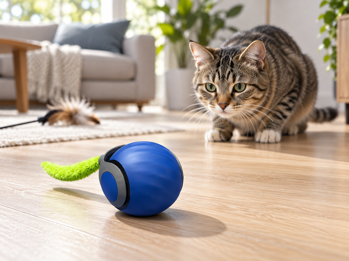 Blue smart rolling cat toy with green tail watched by a tabby cat on a wood floor