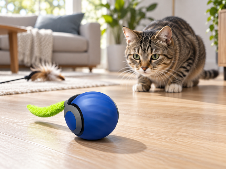 Blue smart rolling cat toy with green tail watched by a tabby cat on a wood floor