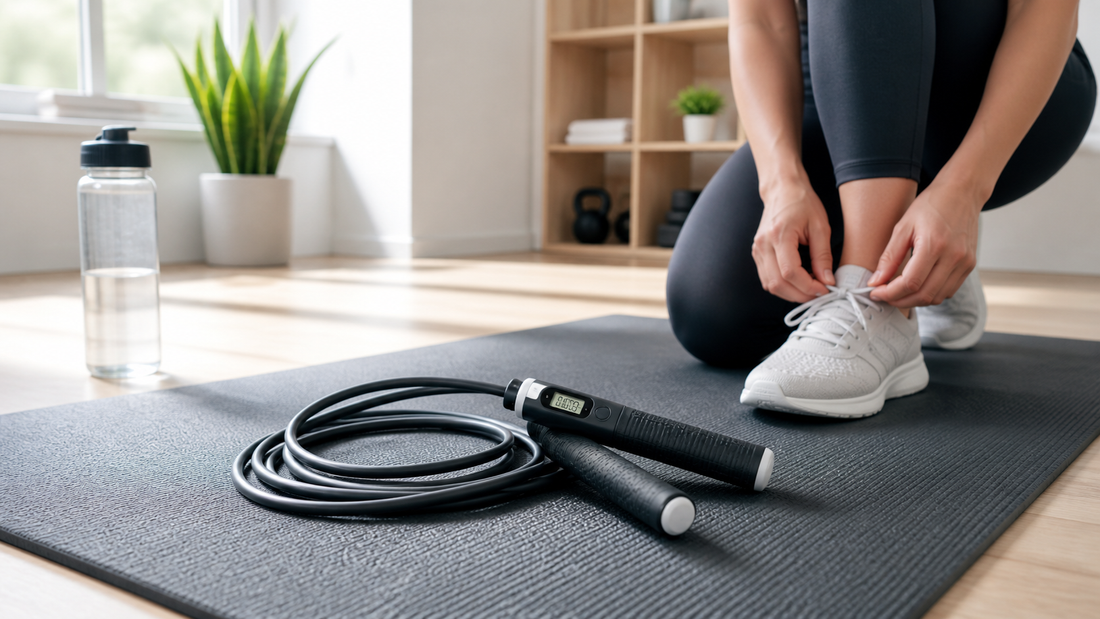 Rechargeable jump rope with counter on a home workout mat