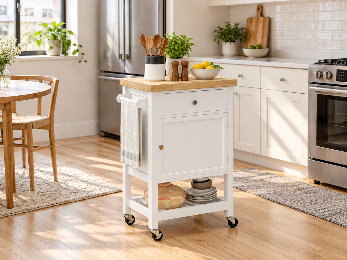 White rolling kitchen island cart with rubberwood top, drawer, cabinet, open shelf, towel rail, and caster wheels