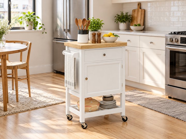 White rolling kitchen island cart with rubberwood top, drawer, cabinet, open shelf, towel rail, and caster wheels