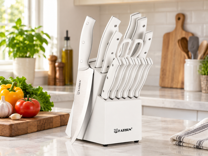 White 15-piece kitchen knife block set on a bright home-kitchen counter