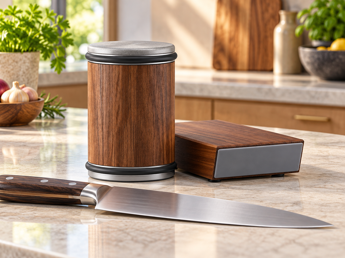 Rolling wheel knife sharpener set beside a chef knife in a warm modern kitchen