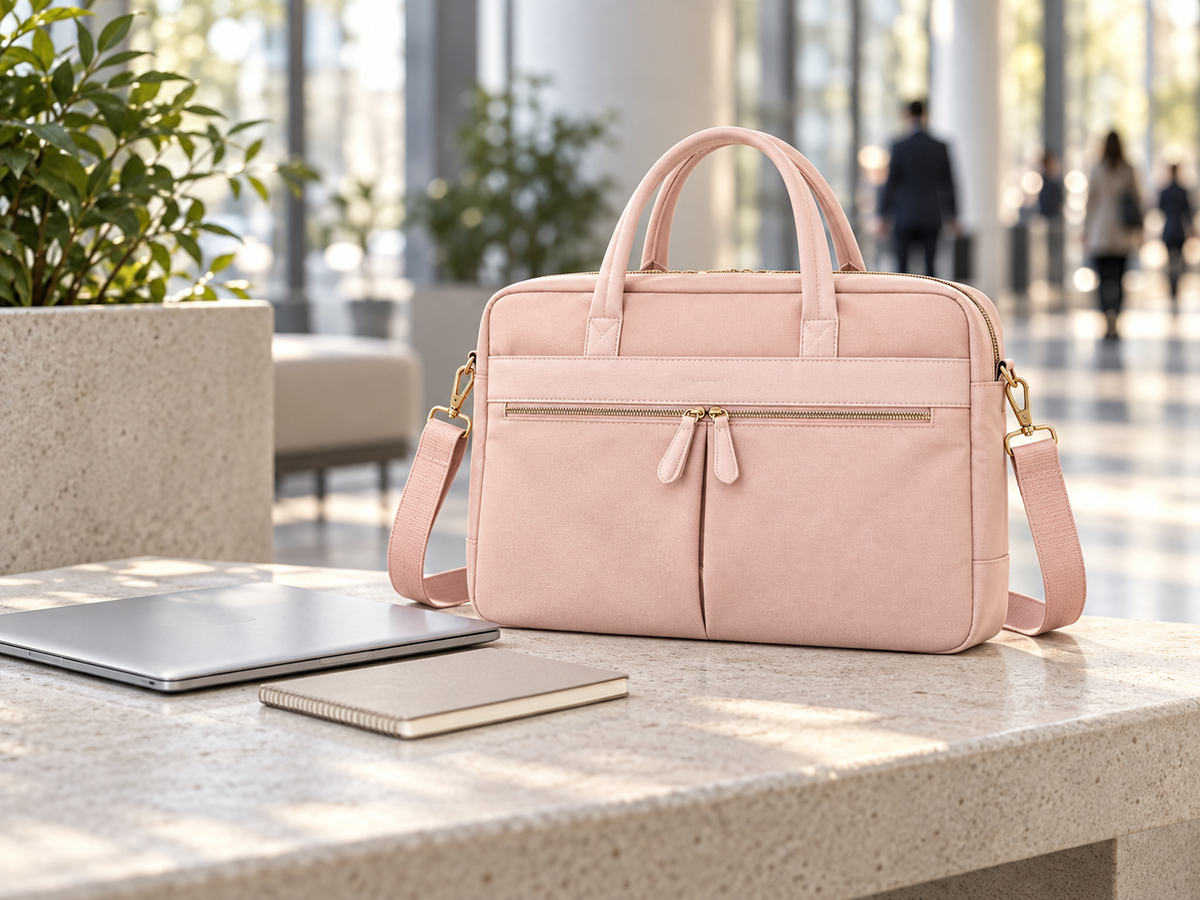 Structured blush laptop briefcase beside a silver laptop in a bright modern office lobby