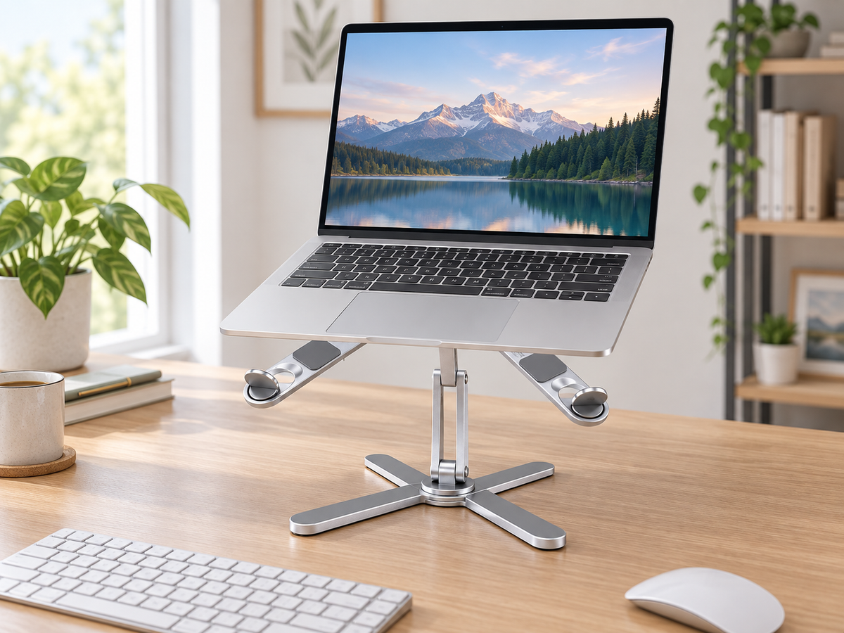 Silver adjustable aluminum laptop stand supporting an open laptop on a bright home office desk