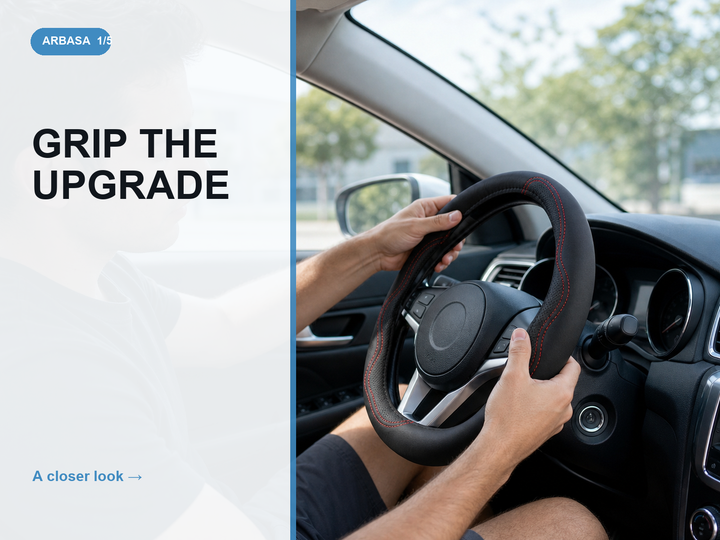 Driver fitting a black leather steering wheel cover inside a clean car interior