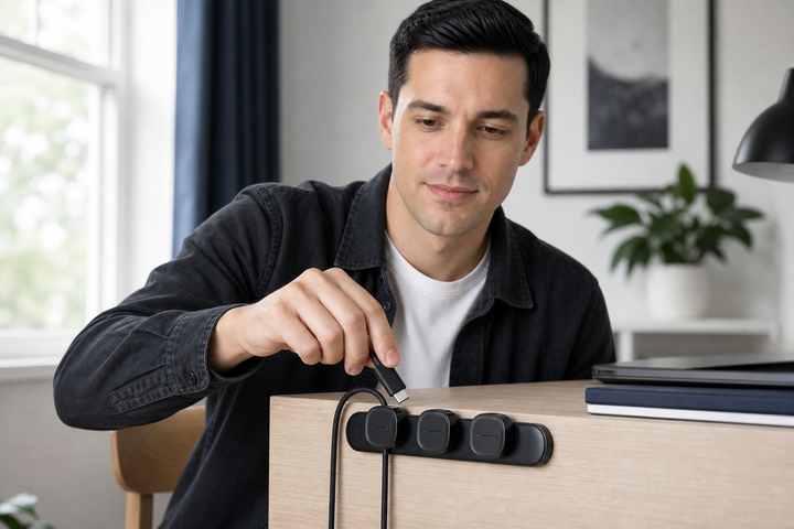 Man organizing desk charging cables with a magnetic cable organizer
