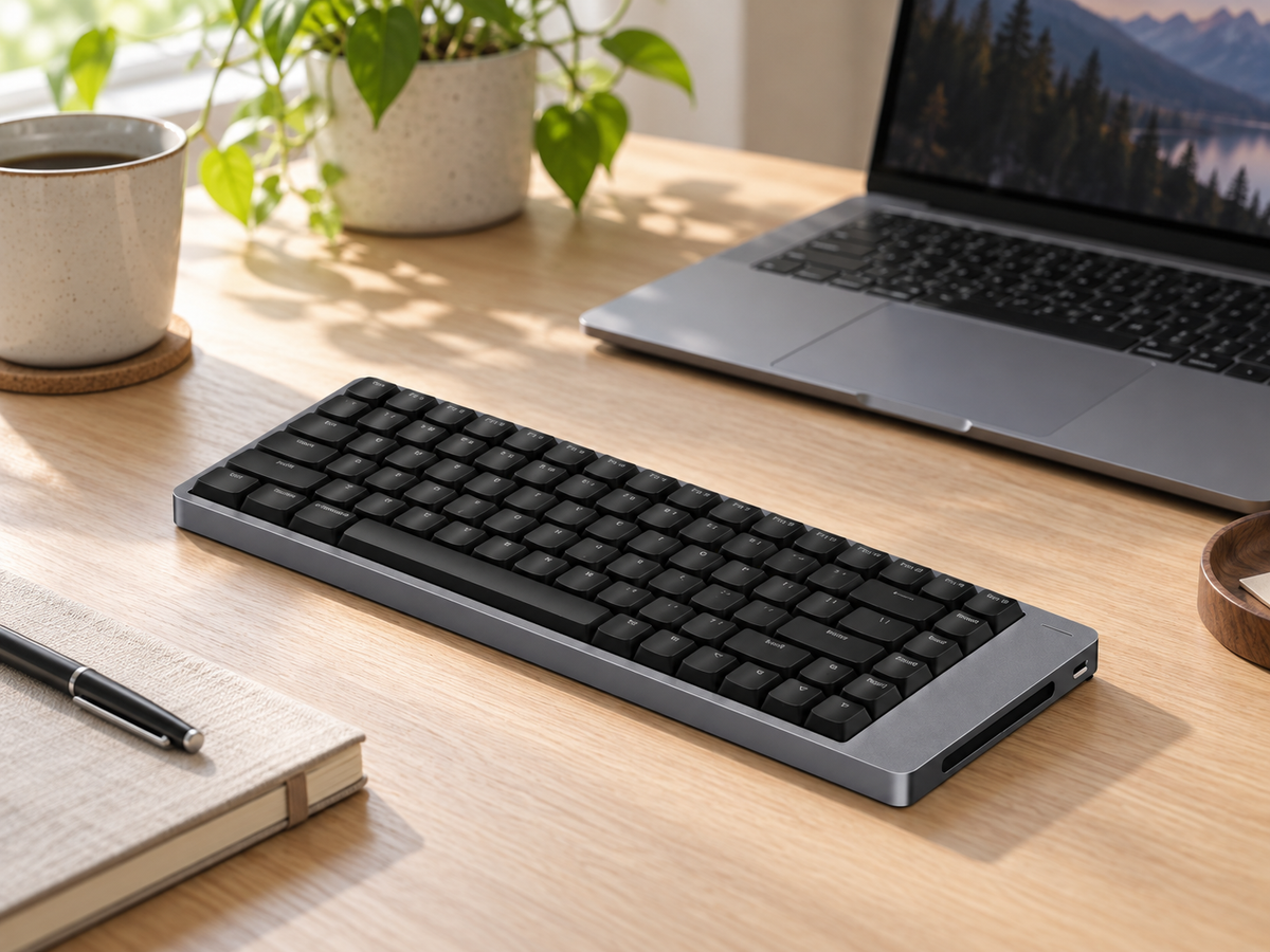 Slim dark gray wireless mechanical keyboard in a compact daylight home-office setup