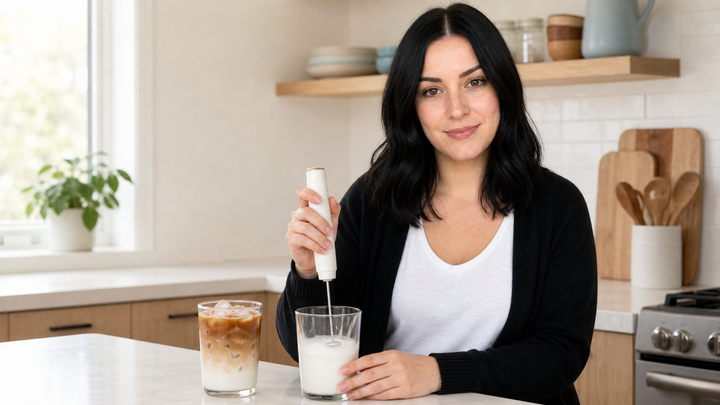 Woman using a rechargeable handheld milk frother in a bright kitchen