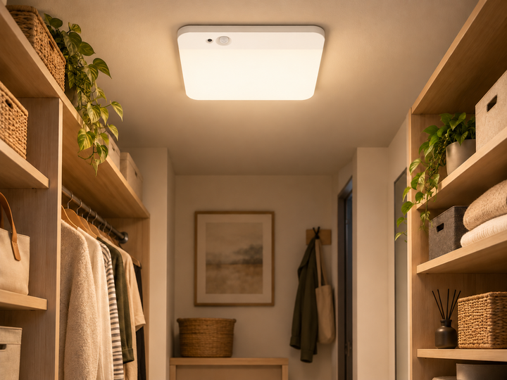 Square white rechargeable motion sensor ceiling light illuminating a tidy walk-in closet