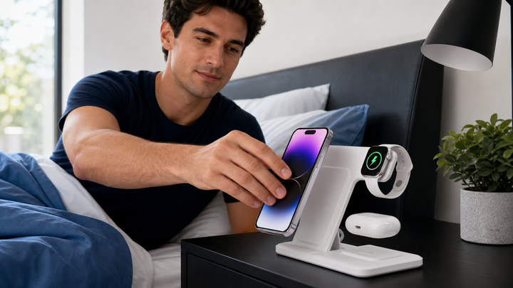 Man placing a phone on a white three-in-one wireless charging stand