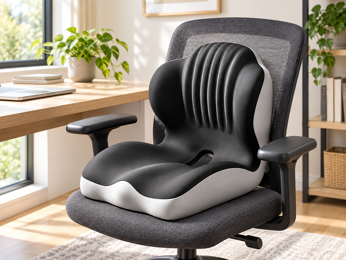 Black one-piece memory foam office chair cushion on a charcoal chair in a bright home office