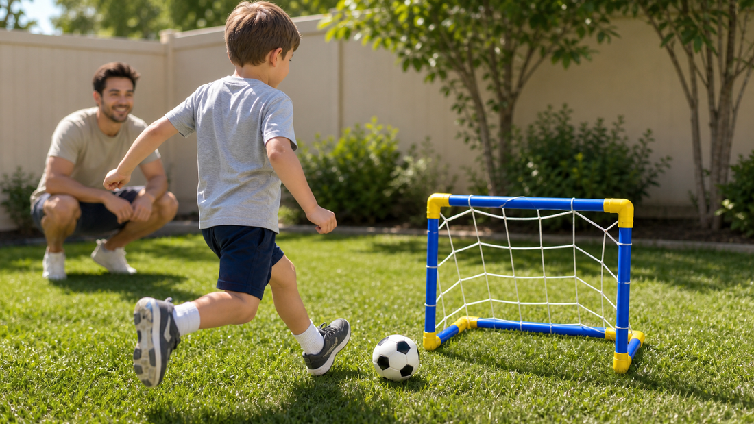Child playing backyard soccer with blue and yellow mini goal