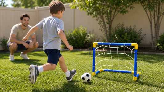 Child playing backyard soccer with blue and yellow mini goal