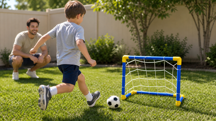 Child playing backyard soccer with blue and yellow mini goal