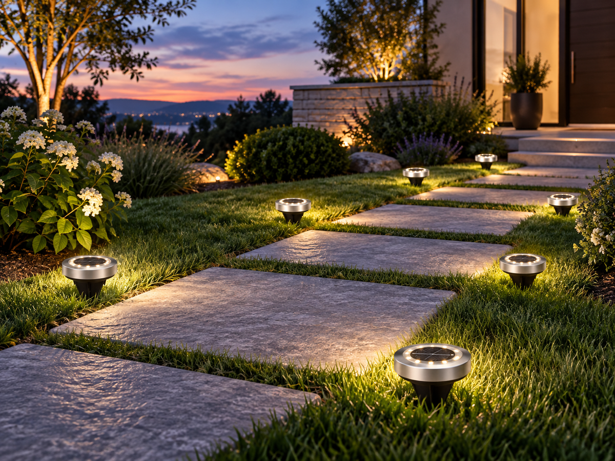 Stainless steel solar garden lights illuminating a stepping-stone path at dusk