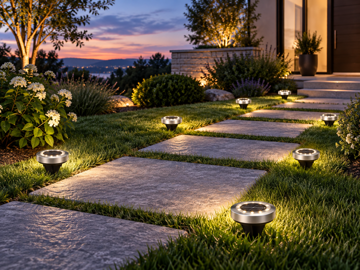 Stainless steel solar garden lights illuminating a stepping-stone path at dusk