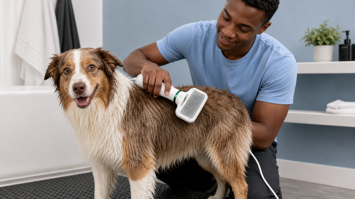 Man gently drying and brushing a wet dog with a white pet dryer brush