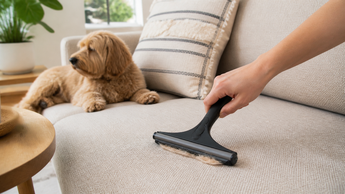 Reusable pet hair remover cleaning fur from a neutral fabric sofa