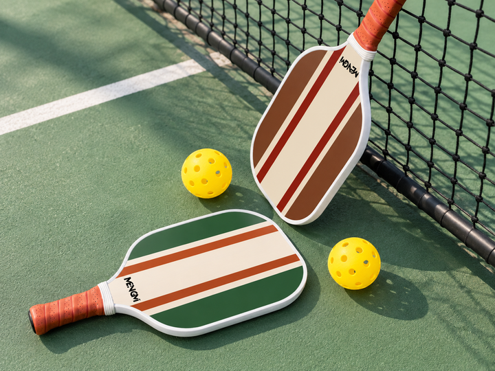Two striped beginner pickleball paddles and two yellow balls beside a court net