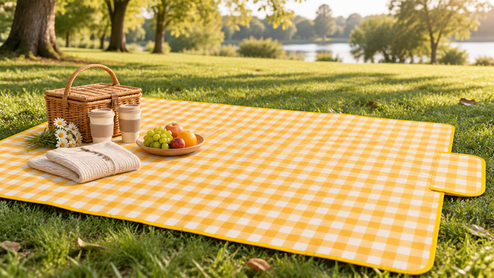 Yellow gingham waterproof picnic blanket spread on park grass