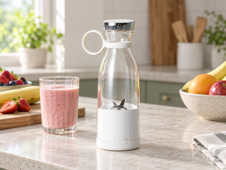 White 350 ml portable blender with loop handle beside a berry smoothie on a bright kitchen counter