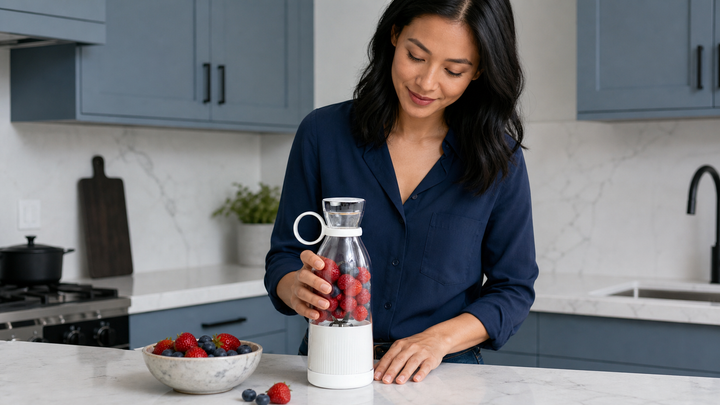 Woman preparing berries in a portable rechargeable blender
