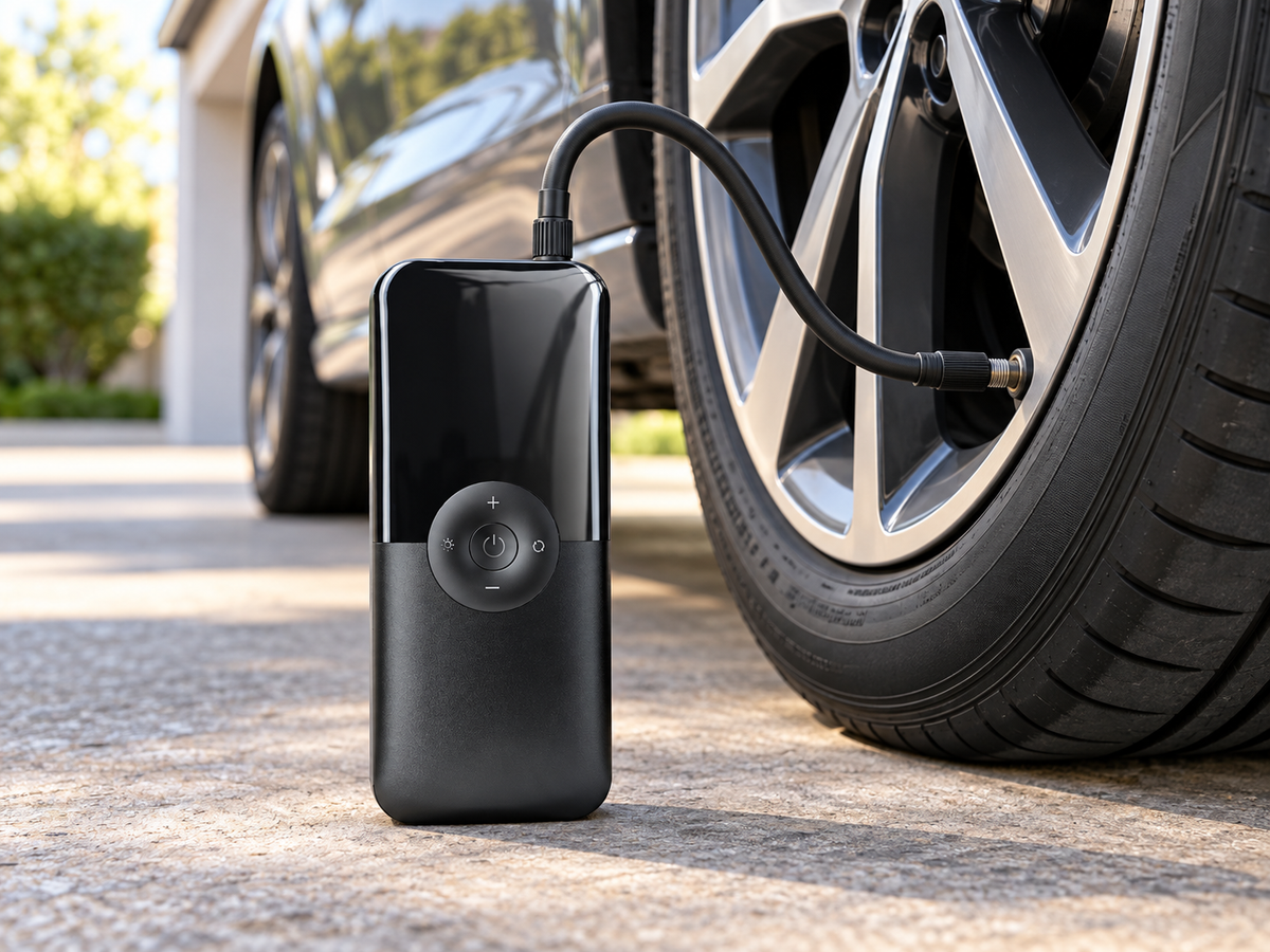 Black portable digital tire inflator connected by hose to a car tire in a clean driveway
