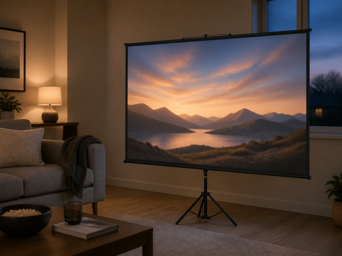 60-inch tripod projector screen set up in a small living room
