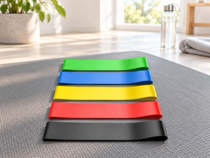 Five colored resistance loop bands arranged on an exercise mat in a bright home gym