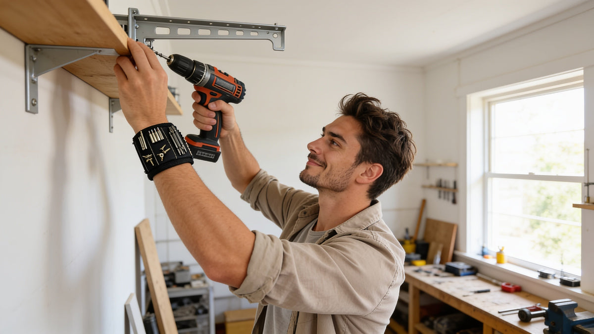 Man using the Magnetic Screw Wristband while installing a shelf bracket