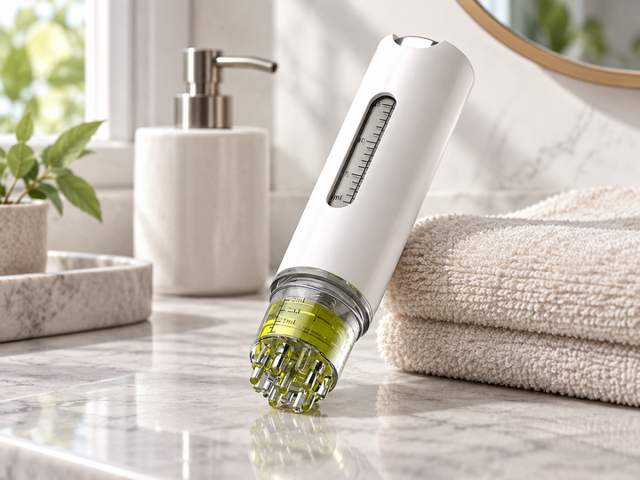 White scalp oil applicator with roller-ball prongs on a bathroom vanity