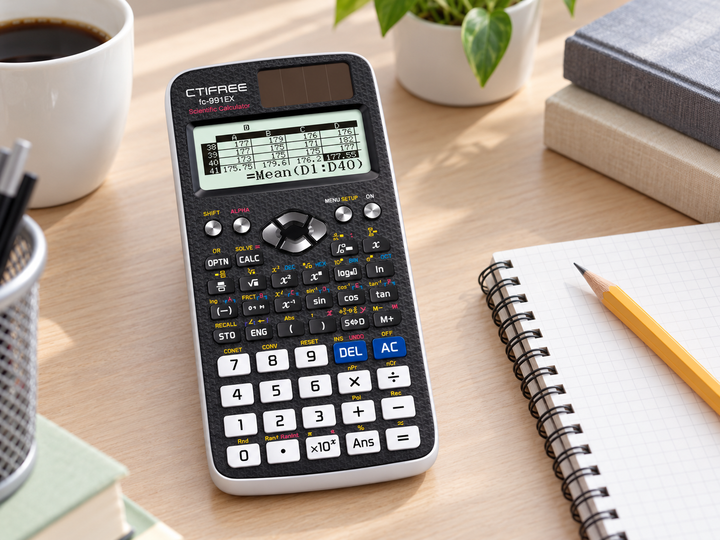 Black scientific calculator on a bright study desk beside a notebook and pencil