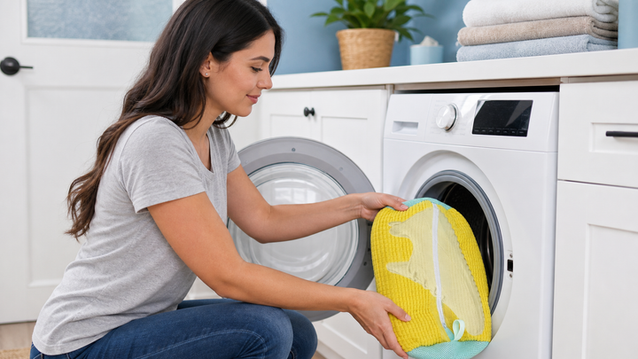 Woman placing a yellow padded shoe washing bag into a front-loading washing machine