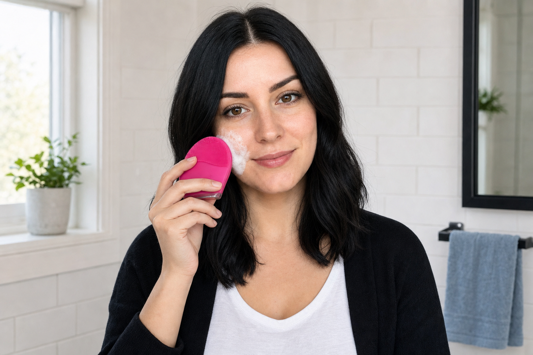 Woman using a pink silicone facial cleansing brush in a bright bathroom